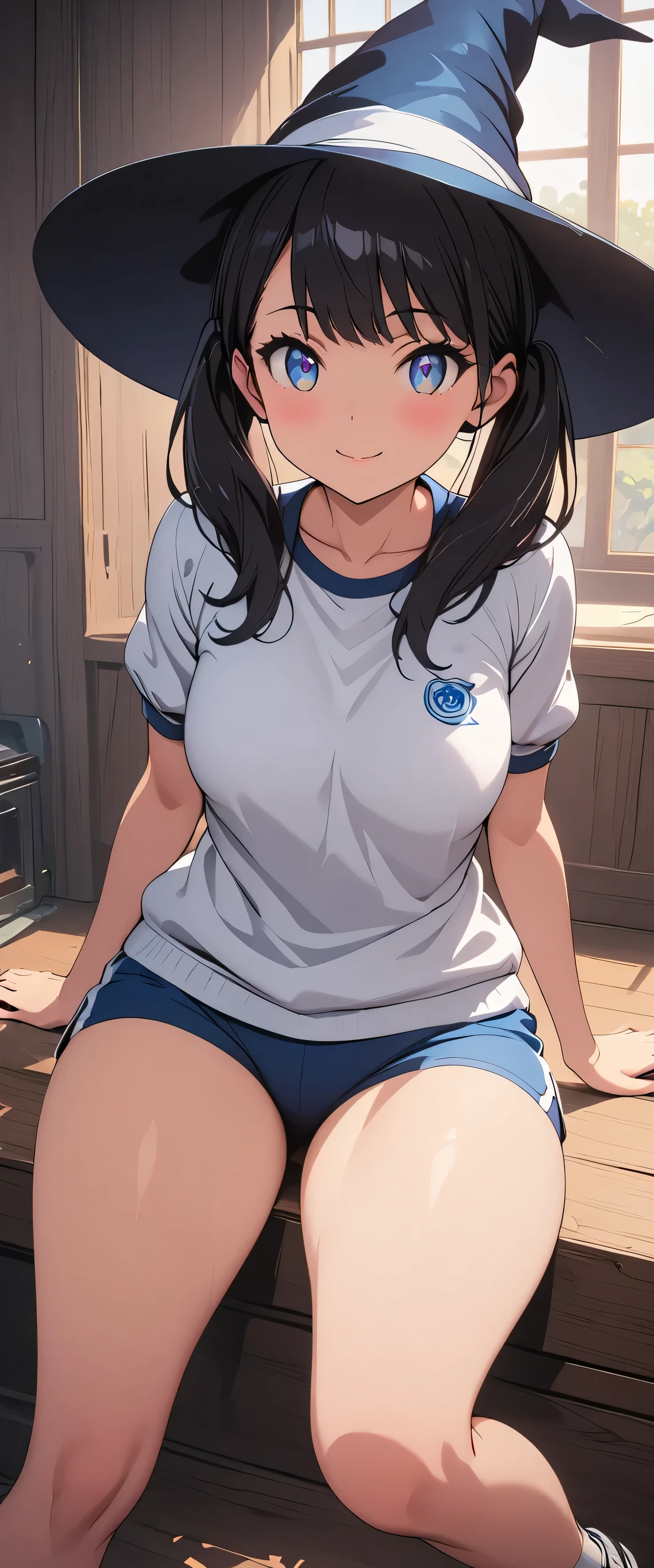 1girl in, Parted lips, blush, makeup, lightsmile, Full body, Wide Angle, From  above, crass room, llight rays, Glow, thighs thighs thighs thighs, 鎖骨, Narrow waist, (masutepiece), Wallpaper,Dark hair color、Breast bulge、Sheer、white gym uniform、Dark blue bloomer、a wet body、cum shots