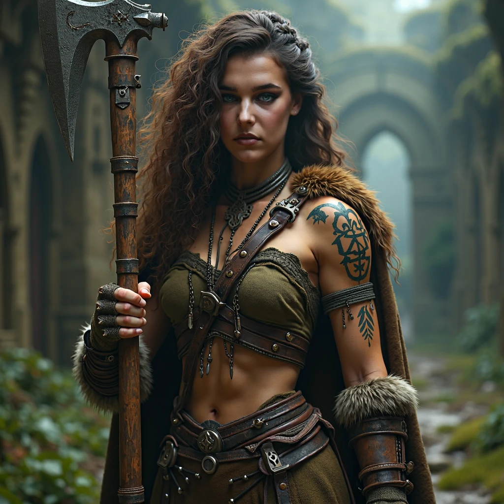 Stunningly beautiful and angry Celtic huntress carrying a long sharp spear. She has bright glowing purple eyes and an intense, predatory expression. Glowing mystical body paint. Her hair is up in intricate braids. She should have Celtic battle paint on her face. Her perfect body is slender, fit, toned, lean, athletic and muscular, with a thin waist and slim hips. She wears a cloak of wolf skin furs and a ragged dress in a dense forest at dusk.