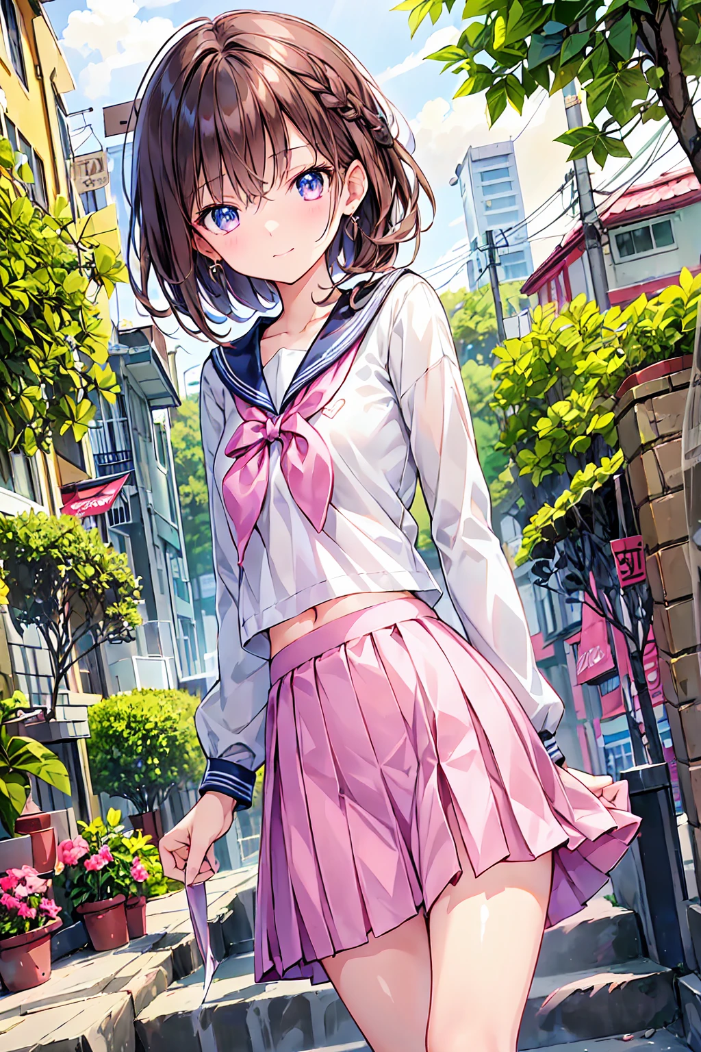 <lyco:jk_v2:0.6>jk, brown hair, twintail, mini skirt, large breasts, pink ribbon,show panties, from below,
(best quality, masterpiece, RAW photo,ultra-detailed:1.2), <lyco:GoodHands-beta2:1.0>,1girl,solo,looking at viewer,smile,