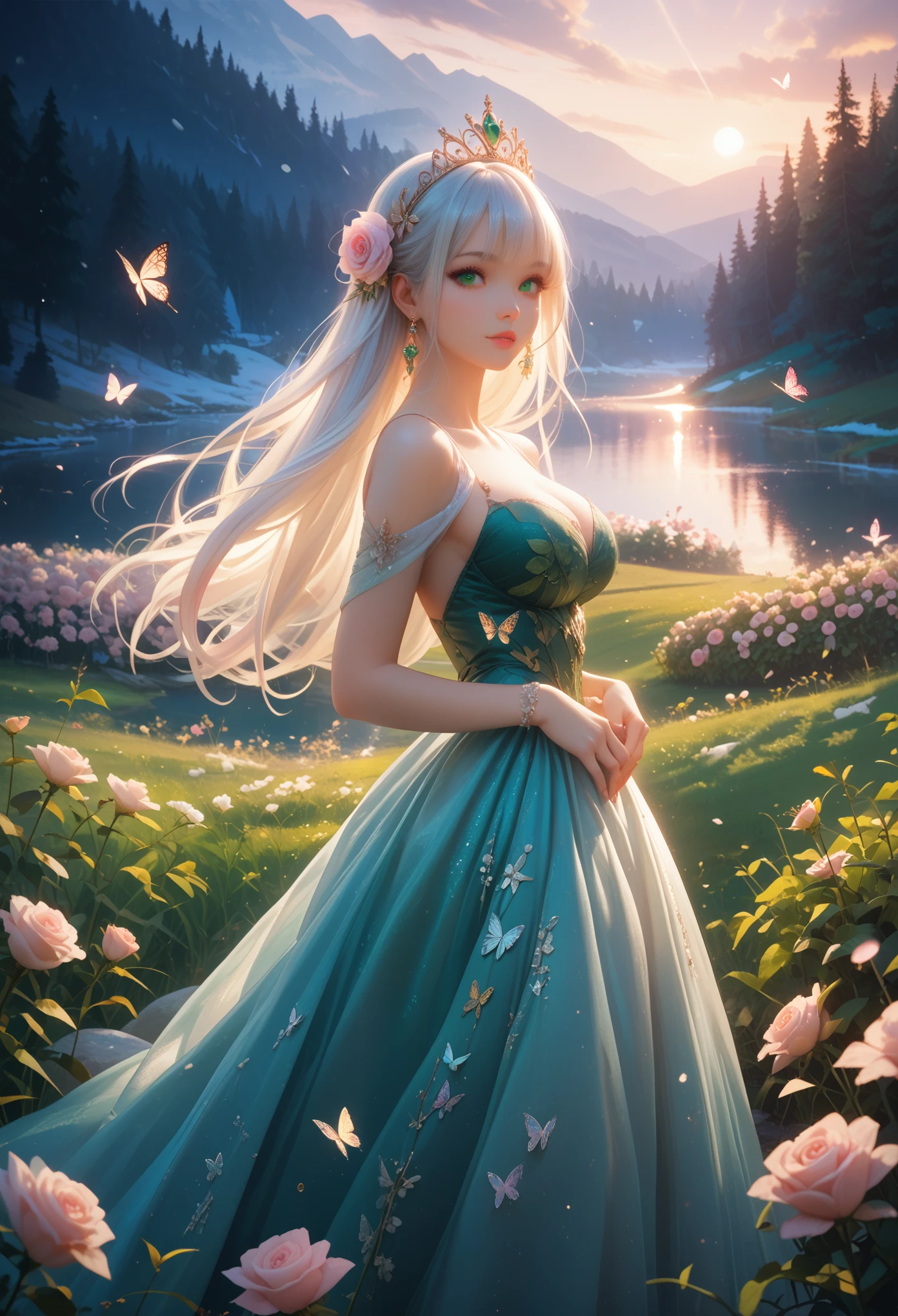  Anime Girl 29 years old , Snow-white Beautiful curvy hair,  Beautiful Bright Green Eyes ,  Intricate textured rose dress,  in her hair A beautiful tiara , bright colors, cinematic film still, score_9, score_8_up, score_7_up, masterpiece, (best quality :1.3), 8k,  Background A beautiful river ,  that flows through the Field of Flowers , bright details, Butterflies, Flower Cycle , 