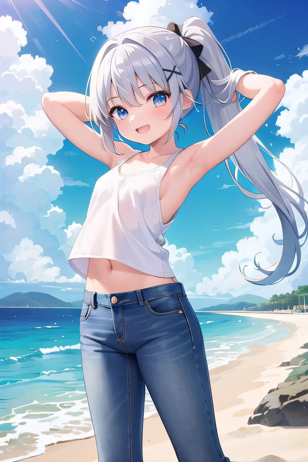 index, index, (Green Eyes:1.5), Silver Hair, Long Hair, (Flat Chest:1.2),happy smile, smile, Open your mouth,White Bikini Swimsuit,Short denim,barefoot,Baseball hats,barefoot,
壊す looking at viewer, whole body,(Cowboy Shot:1. 5)
Destroy outdoors, Sandy Beach,beach
break (masterpiece:1.2), highest quality, High resolution, unity 8k wallpaper, (figure:0.8), (Beautiful fine details:1.6), Highly detailed face, Perfect lighting, Highly detailed CG, (Perfect hands, Perfect Anatomy),