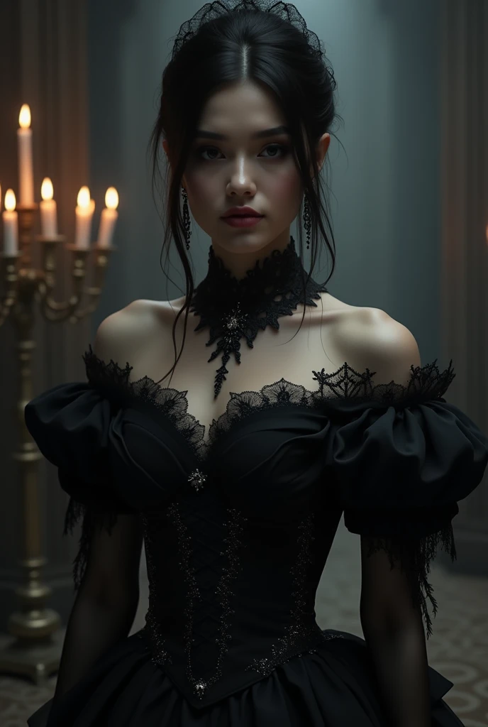 A dark and atmospheric oil painting featuring a stunning Victorian-era woman. She wears an elaborate, high-necked gown adorned with lace and intricate embroidery. Her expression is mysterious, with beautiful eyes that hint at hidden secrets. The setting is a dimly lit, gothic interior, with heavy velvet drapes, a grand fireplace, and an ornate, antique mirror reflecting the flickering light of a candelabrum. Shadows loom in the corners, and the air seems thick with an otherworldly presence, giving the scene an occult and eerie feel. ((Revelating Big boobs)), sexy, detailed face