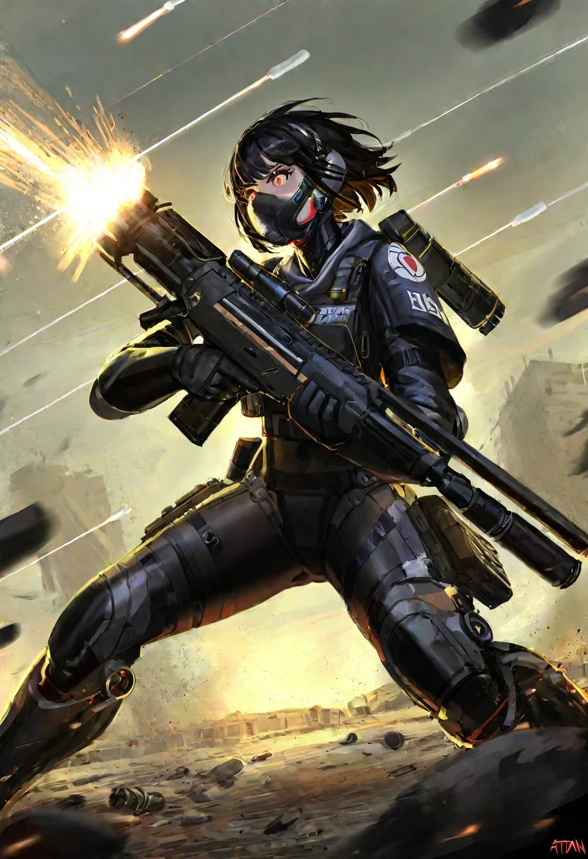 1girl, mechanical ninja, cybernetic armor parts, robotic joints, glowing tech details, combat stance, holding futuristic rifle, dynamic battle pose, war-torn battlefield, explosive effects, mechanical smoke trails, combat debris, glowing cyber eyes, tactical gear overlay, score_9, score_8_up, score_7_up, score_6_up, score_5_up, score_4_up, (very aesthetic, best quality, ultra detailed), (perfect anatomy:1.2), rim light:1.3, dramatic angle, action shot, atdan:1.2, guweiz:1.1, nj (fanj):1.0, muzzle flash effects, bullet trails, battle damage, metallic reflections, high-tech weaponry, combat atmosphere, modern warfare elements