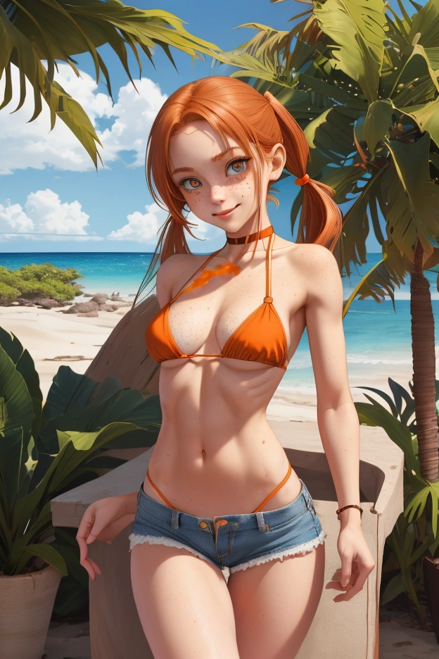 Super ultra happy cute little girl, with freckles and red hair, big breastes, kneeling, Tight top, mini bikini, wet clothing, blonde woman