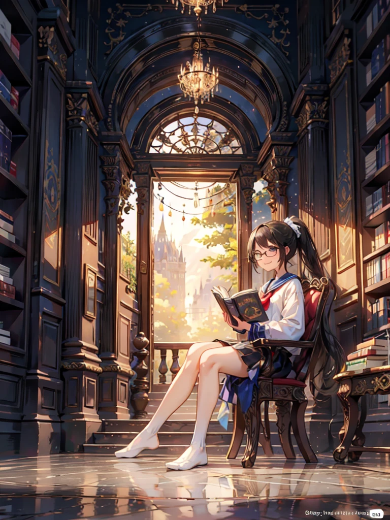 Beautiful woman,     white sailor suit  ,      ponytail, 軽いsmile,   Realistic,   bright color,    high detail,  UHD illustration , Perfect composition,    beautiful detailed intricate ,smile,whole body,      miniskirt   ,
1人   girl, Alone,    Libraries  ,   girl, Long Hair,      Black Hair     ,   sitting on a chair, Glasses, reading a book, high definition, Bookshelf,accurate, 