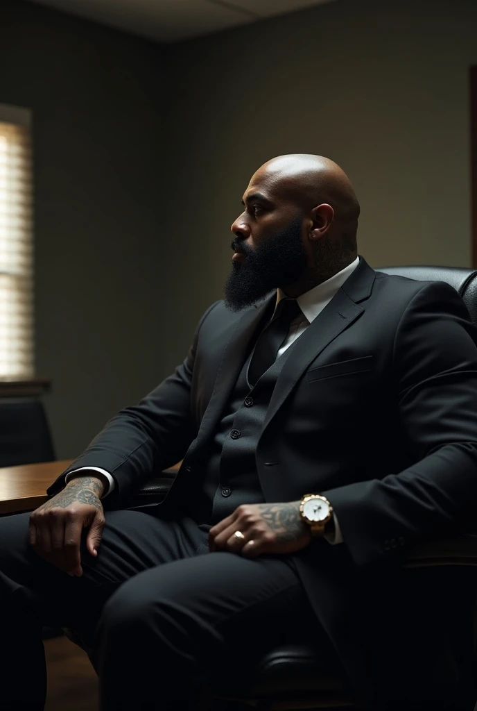 Black man with muscle wearing white shirt and black trouser sitting at the office
