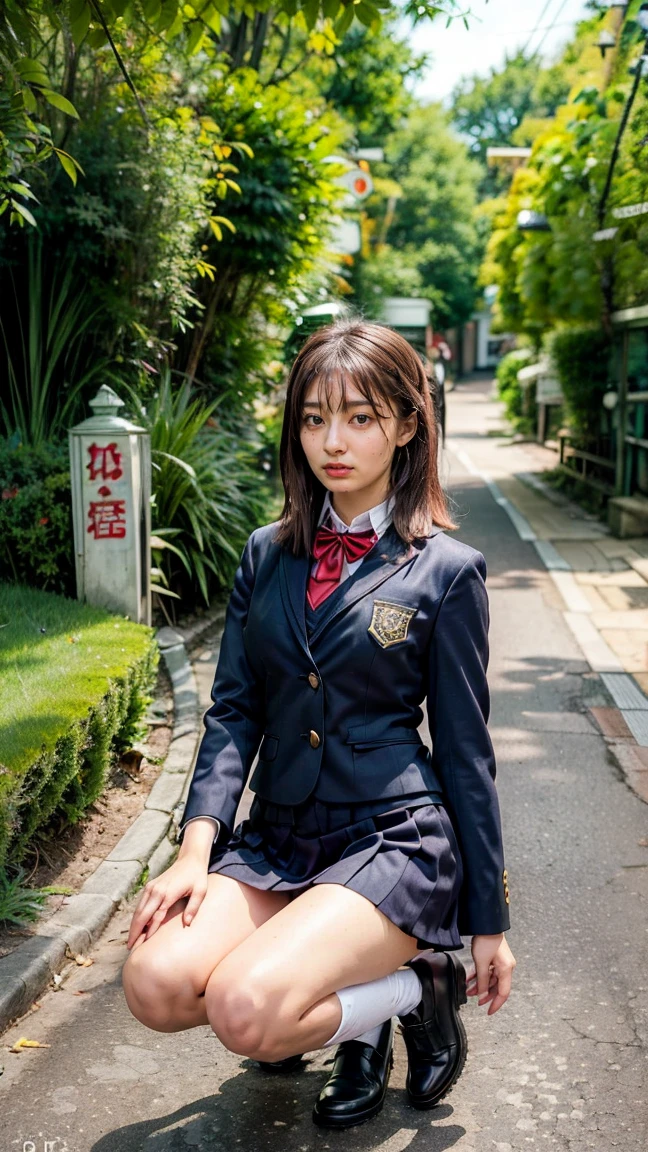 8k、（masterpiece、Best Quality:1.3）、（ very detailed:1.2）、 perfect anatomy、 Beautiful Japanese Women、18 years old、 high school students、 Healthy Thighs、 beautiful feet、Beautiful Skin、 random hair color 、 random hairstyles、Big Breasts、( Japanese high school uniform :1.3) 、 Full Body Shot 、 loafers、I have a student bag in my hand、Main Street