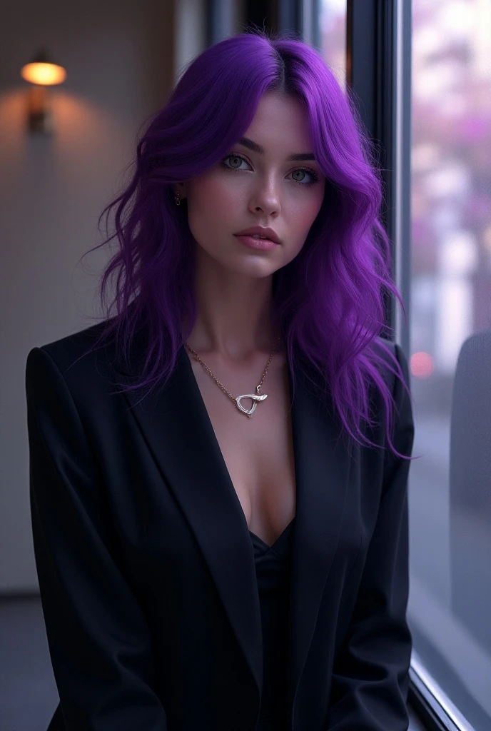 アニメ, portrait of european,alone,Age 22, beautiful face, upperbody, big hair, dark hair with purple tips, sharp focus ,Black suit with gold embroidery, medium breasts, Emerald green eyes