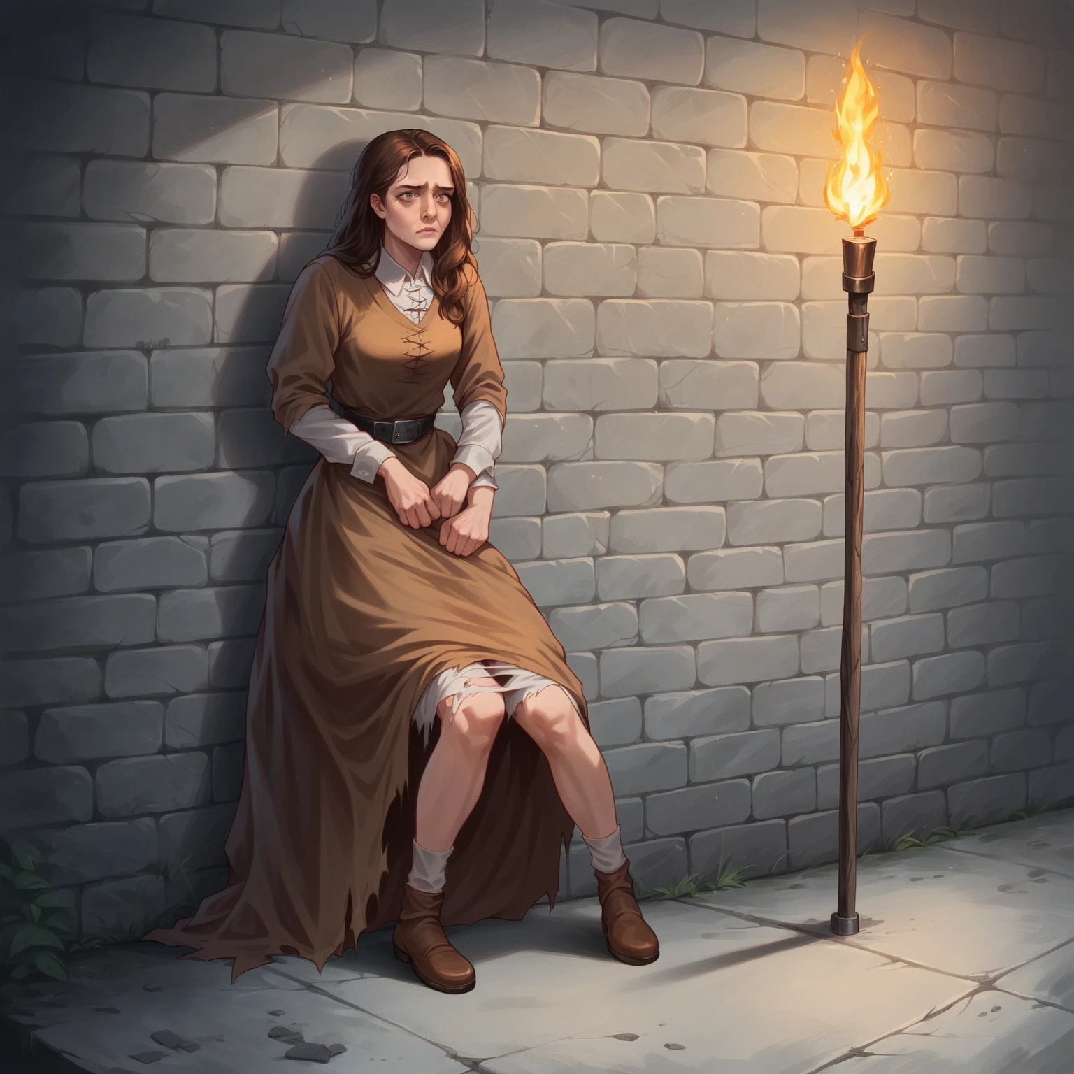 female sitting next to wall, prison, brown hair, white simple peasant dress, wide leather belt, human face and body, make effort, dripping pussy, full-length, puzzled face, looks at down, commission for high res, medieval, tattered clothes, ripping clothes, nsfw not safe for work, gloomy, dramatic light, torch at wall, Digital Masterpiece In 4K Ultra HD, Extreme Detail And Intricate Realism, hyper realistic, film photography, soft focus, RAW photo, photorealistic, analog style, subsurface scattering, photorealism, absurd rec