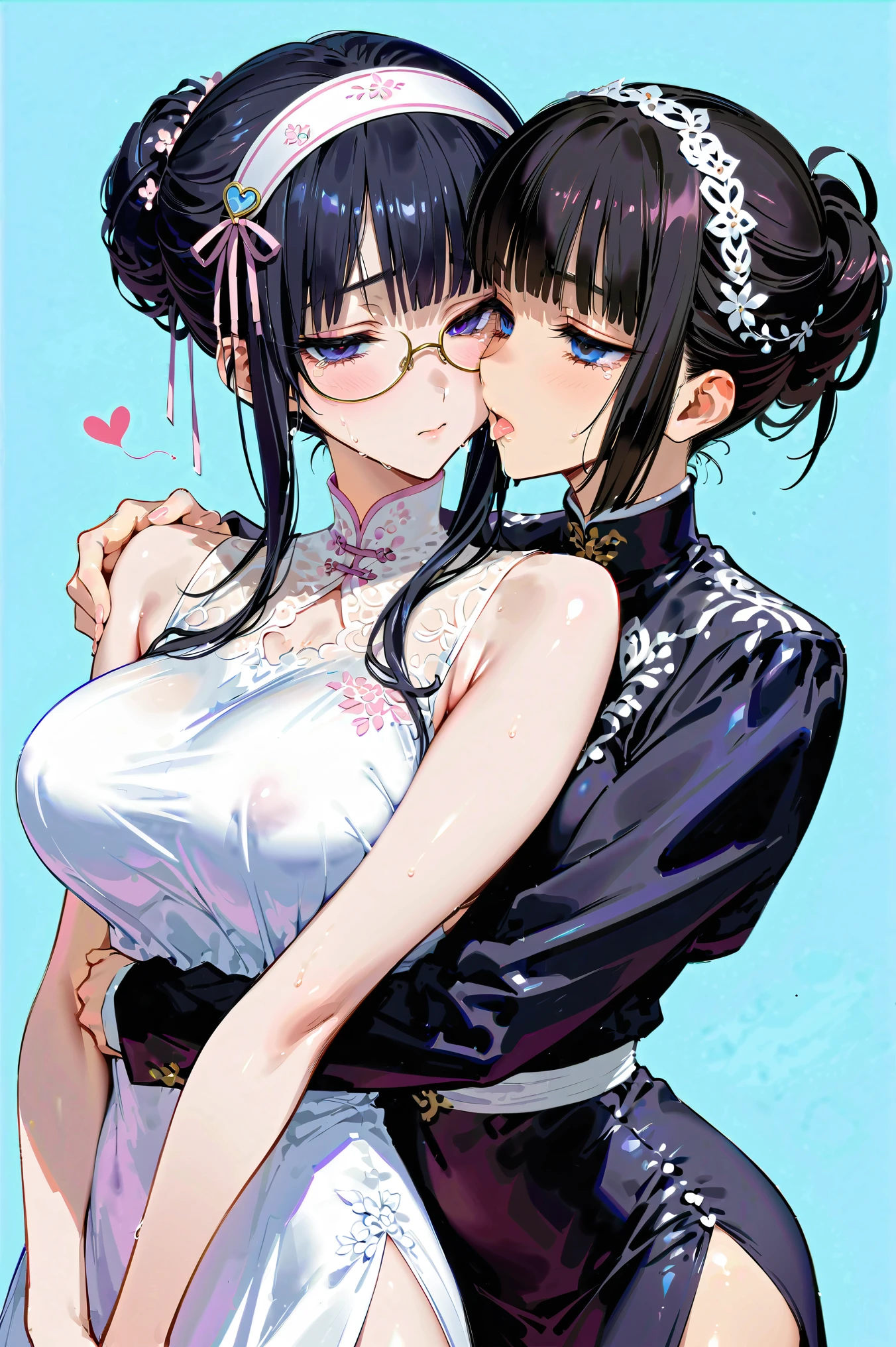 Two mature women hugging their shoulders and kissing, hair over eyes, detailed hairband, (( chignon hair))、Round Glasses, black hair, cowboy shot, large breasts、 THICK THIGS 、 simple background 、Heart mark, (tears、 drool 、Open your mouth、Expressionless、 Hollow Eyes:1.2)、(glistening skin), (oily skin), (shiny skin),(half closed eyes), Pastel colored dress with luxurious embroidery、 side slit 、I tremble violently with joy、