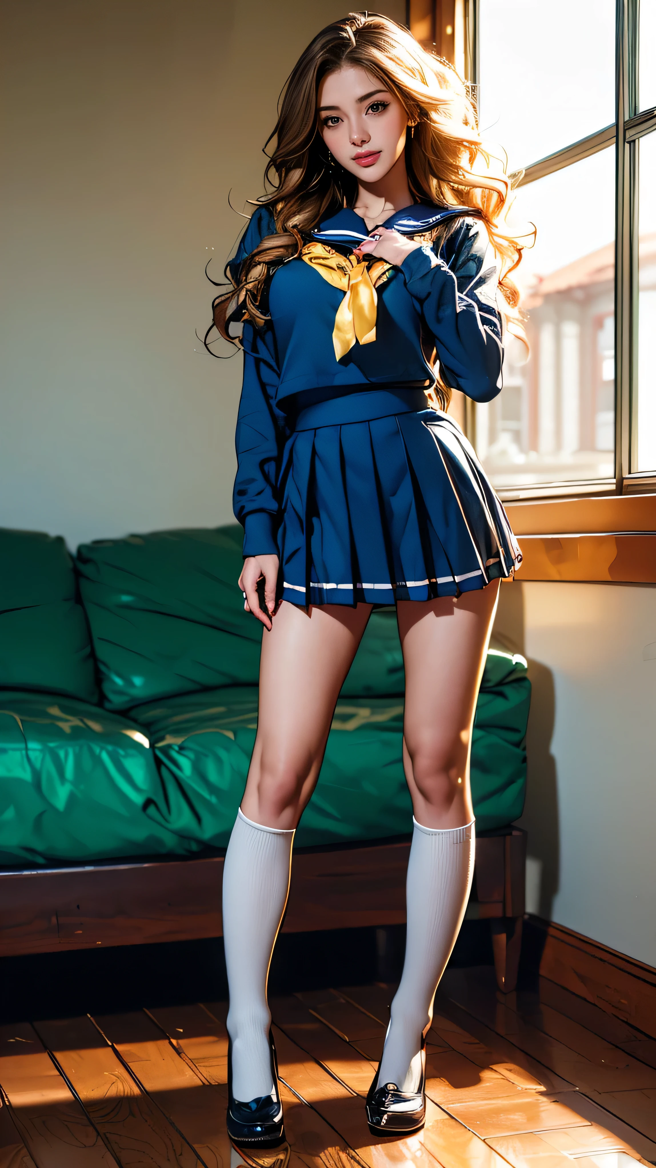 best quality, above the knee, (Sit on the bed), Put your hands on your head,short-Hair, medium-breasted, (Cheerleader:1.2), (pleated skirts:1.2), (boots:1.2), smile, (NSFW:0.1), Cowboy Shot