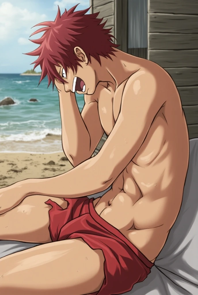 horikoshi kouhei, absurdres, adult Eijiro Kirishima, red hair, boku no hero academia, chama kou, highres, looking away, male focus, muscular, red eyes, short hair, spiked hair, 8k quality, beach, ( adult Eijiro Kirishima, detailed eyes, detailed face, (((full body))), visible foot, barefoot, (((XXL up penis semen dripping)))., (((crossed arms))), (((legs raised all the way up and their ankles crossed behind their own head, showing off anal/ass))), red necktie, (((laying on the ground))), red hair, red eyes, ((light smile)), looking at viewer, embarrassed, blush, camera from up, showing off muscles, masterpiece, best quality, male focus, upper body, handsome, male, gay, smooth and sharp focus, Wet body.
