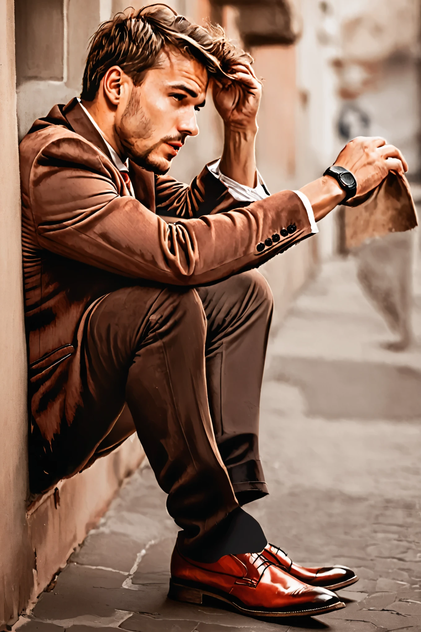  an arafed European man sitting on the side of a building with his hand on his head, sitting on the floor,  Wearing a frayed brown suit .,  brown pants, thoughtful pose, men's fashion, brown clothes,  attractive male haute couture , sitting casually, red shirt  brown pants, photo shoot, brown colors, elegant pose, Thinker's Pose , crouching,  Man sitting on his back 