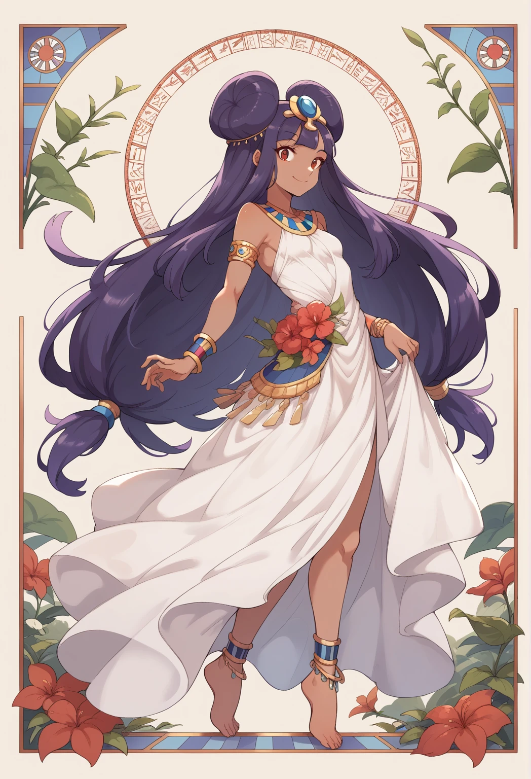 Best Quality, Masterpiece, ultra high resolution, iris \(pokemon\), purple hair, long hair, red eyes, dark skin, big hair,small breasts,  BREAK  1girl, petite, solo,smile,sexy pose,looking at viewer, edgCBC, dress, jewelry, flower, barefoot, , white dress, bracelet,  profile, leaf, (desert background), anklet, art nouveau ,wearing edgCBC_(egyptian clothes)