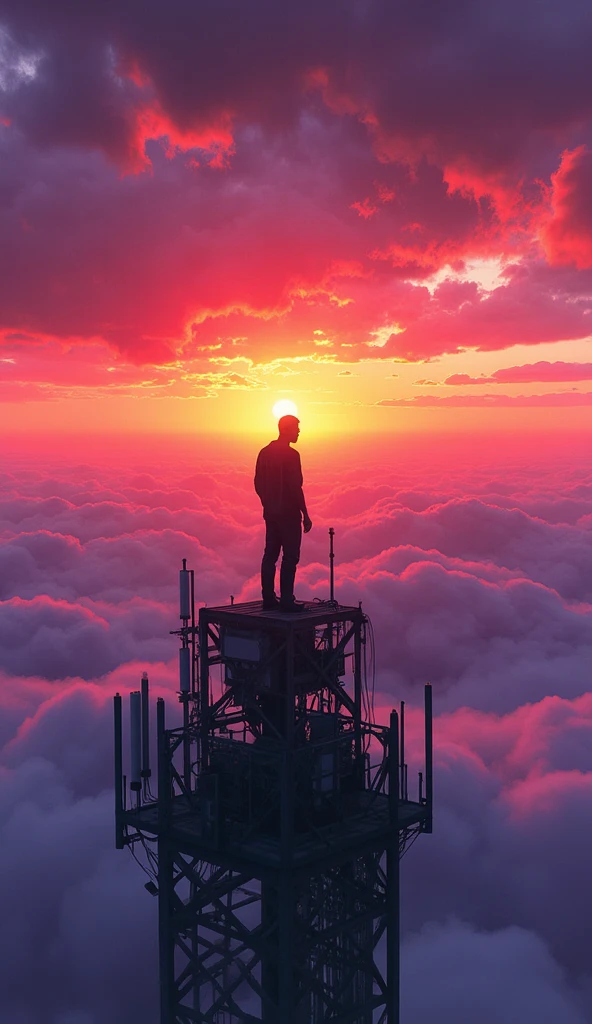 An adult man on top of a giant cell tower.
 He is admiring the clouds passing by his side .
 In the background a magnificent sunset ,  Cintilante, obfuscating, expressive, bioluminescentes, lilac gradient ,  red and orange .
 Raindrop effect .
extremely detailed. 
profile view.
 full body .
32K, HDR, UHD. 