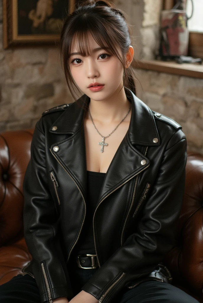 Amazing portrait of a sexy woman with a beautiful face wearing a black leather jacket over a white t shirt and black cargo pants and a cross necklace having a medium chest with cleavage and a perfect and hot body