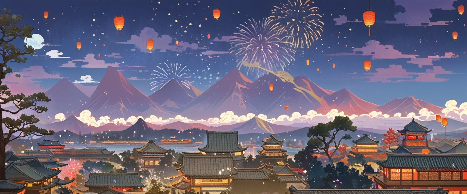 Chinese style， red background ，Depth of Field，Vision，Scene Graph，far away，Vision，Tree，Auspicious Clouds，Cirrus ，Original painting style， has no buildings，Distant Mountains，Clarity，HD， holiday atmosphere，Spring Festival，far away的灯笼和孔明灯，night，Season ，Sense of atmosphere，Ink，Ink，Horizontal screen，Thin and light，clean， blue purple sky ，fireworks，Big scene，The Great Tang Dynasty、阖家joy， no one，On the side of the angle ，bustling，, I only see the roof ，street，ground，far away的小孔明灯，松Tree，joy，Mountains and Rivers，red environment，Warm light