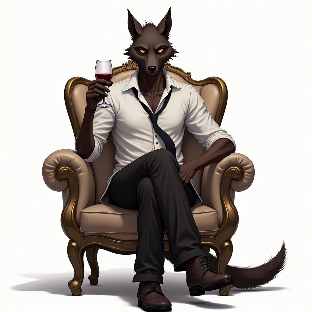 An exquisite masterpiece of a werewolf with a full-body black fur, adorned with a necklace of five teeth, shiny red eyes. This high-quality image showcases the werewolf donning a sleek butler outfit and glasses. The embarrassed expression adds a charming touch to the already sophisticated yet fierce aura. Serving a tea with werewolf hand.