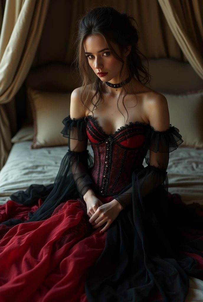 perfect eyes and face of: Dracula's castle, the interior design of the bedroom is classic, blood red, Victorian era theme, decorated with lace fabric, a bed with a classic luxurious design, the princess girl sits on the bed, wearing a white steampunk suit , bohemian style hair, arrogant and haughty look, typical gothic make-up, lighting using torches, in the middle of the dark night, realistic and real, 4k, Full body photos and from far away, perfect body with complete anatomy