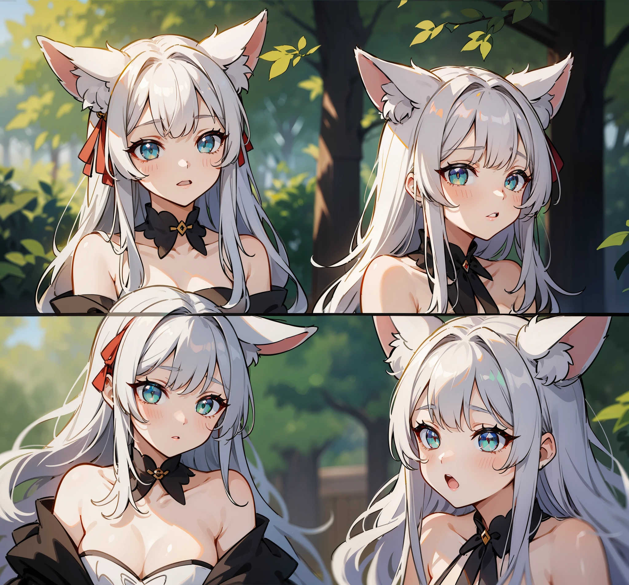 best quality, ultra-detailed, best shadow, dynamic angle, high contrast, (1girl, solo), fox ears, smile, (blush), (beautiful detailed face, beautiful detailed eyes), large breasts, midriff, (streaked hair, hair between eyes), long hair, lace dress, jewel, crystal