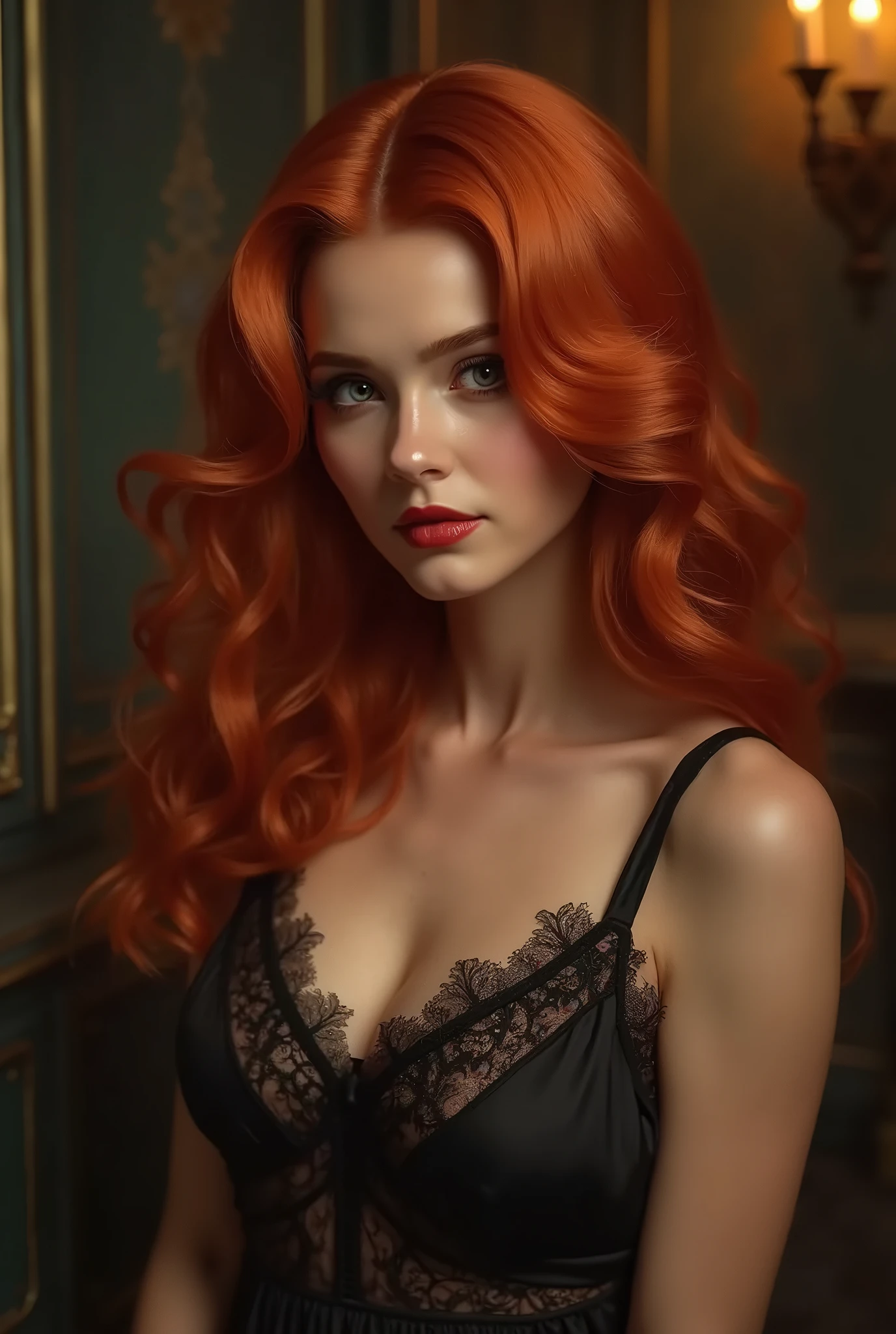 selfie, 1girl in, age19, Solo, Aesthetic artwork, irish redhead, wavy ginger hair, shoulder length ginger hair, (gray eyes), light grey eyes, some small freckles, pale skin, A-cup, small breasts, runners body, detailed skin texture, (extremely detailed 8k wallpaper), soft lighting, high quality, film grain, Fujifilm XT3 sharp focus, f 5.6, 50mm, High Detail, Sharp focus,(natural light), (wearing a black cocktail dress), black cocktail dress, (black cocktail dress), crazy details, complex details, hyper detailed, breast 36B size, topless