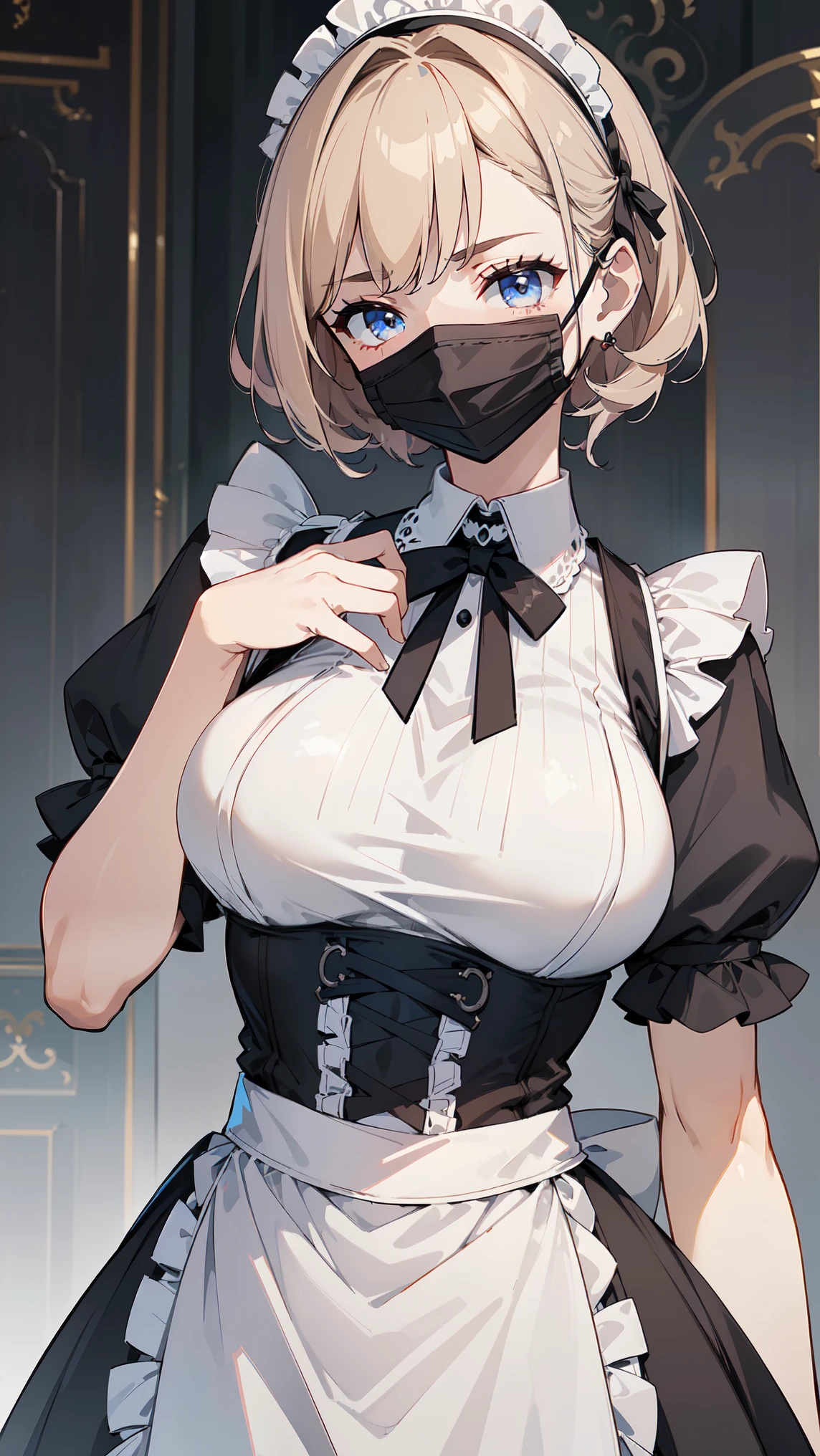 1girl, natural lighting, masterpiece, highly detailed, illustration, game CG, absurdres, high quality, aichan, large breasts, blue eyes, beautiful detailed eyes, short brown hair, side braid, (tape gag, tape bound, arms bound), eyes wide, shocked, surprised, maid, collarbone, short puffy sleeves, thigh highs, small maid apron