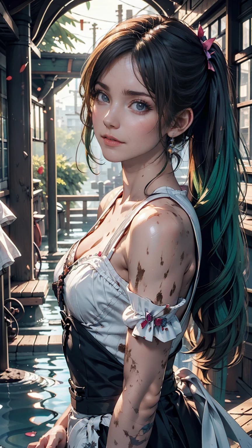 24-year-old woman、Silver Hair(Gets wet and sticks)、Green Eyes、Rainbow Hair((rainbow hair))、Sheer high neck top(Soaking wet、The fabric sticks to the skin and the nipples are visible.)、No sleeve、mature female body、6/8 length skinny jeans、pumps、Soaking wet、Water dripping from the body、Nipple swelling emphasis
