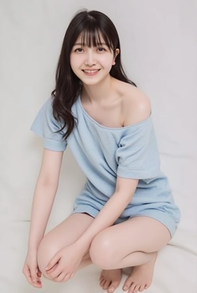 Full body shot from the front、Wear off-the-shoulder mini one-piece pajamas, bend your knees, spread your legs, take a cross-legged pose, and sit while looking at me, Slender bare legs 、smile、The background is a monotone 

