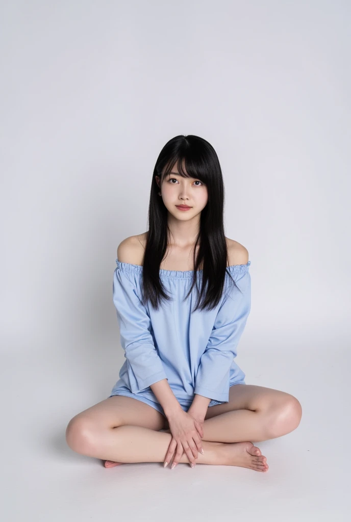 Full body shot from the front、Wear off-the-shoulder mini one-piece pajamas, bend your knees, spread your legs, take a cross-legged pose, and sit while looking at me, Slender bare legs 、smile、The background is a monotone 

