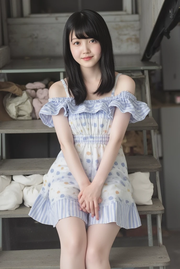 Full body shot from the front、Wear off-the-shoulder mini one-piece pajamas, bend your knees, spread your legs, take a cross-legged pose, and sit while looking at me, Slender bare legs 、smile、The background is a monotone 

