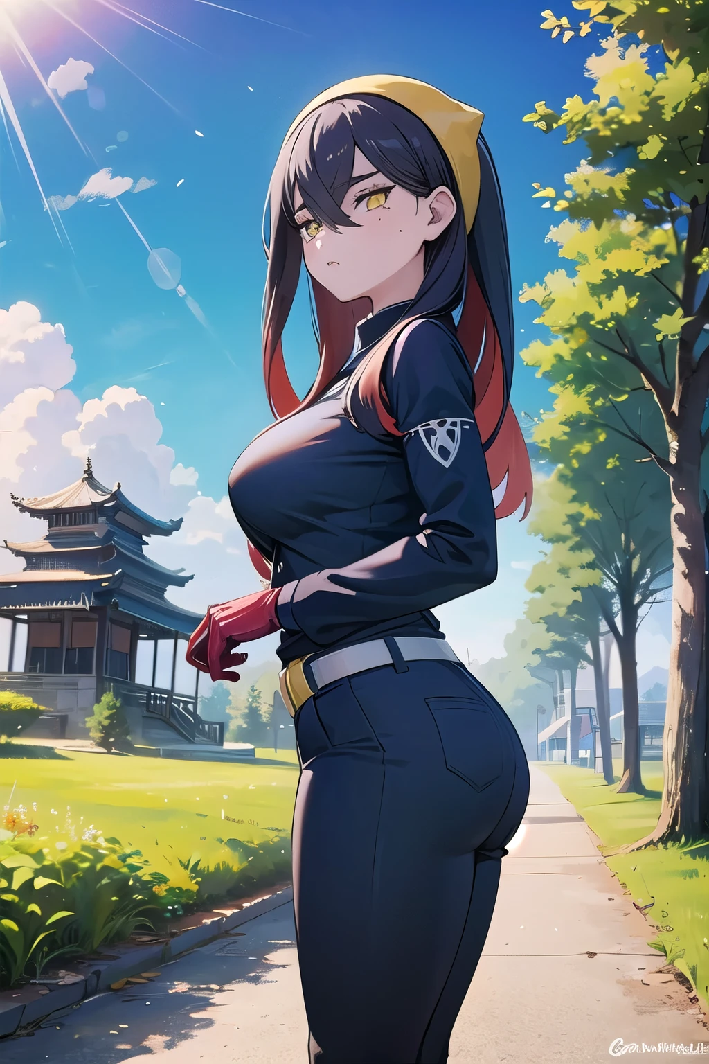 masterpiece,Best Quality, 1 girl, mature woman, big breasts at the temple, wide hips, THICK THIGS ,pokemoncarmine, for moles under eyes, Coloured inner hair , Black Hair ,Red Hair,Yellow Eyes, headband, blue jacket , long sleeve, Red Gloves ,pants,belt,Expressionless, ,sunlight,tree,cloud,Outdoor,Dutch Corner,from side,