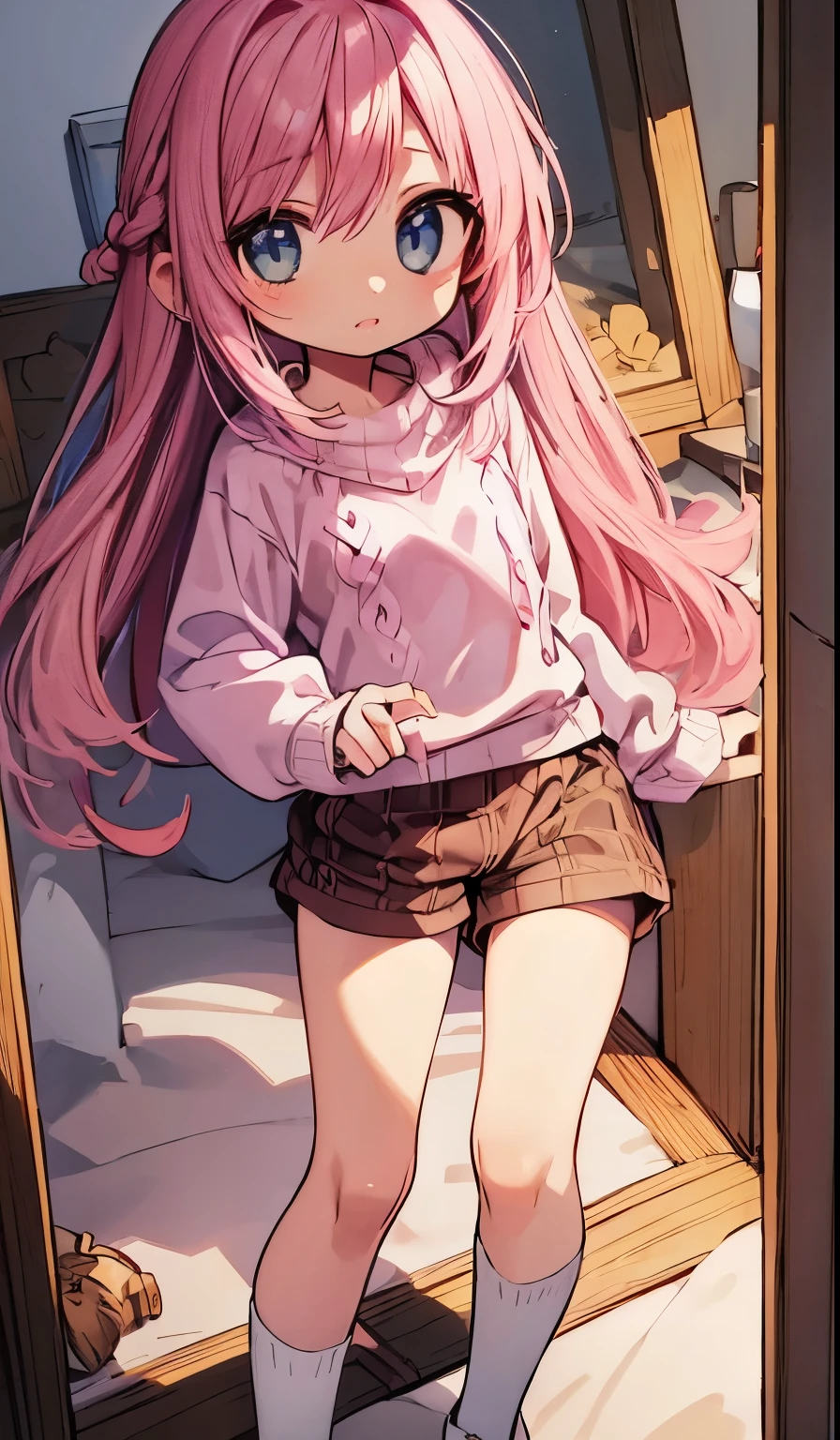 Beautiful illustrations, Highest quality、(Cute petite:1.5)、Flat Chest、Flat Body、(Pink long sleeve sweater:1.2)、(Brown checked shorts:1.4)、(Wide-mouth checkered shorts:1.2)、Autumn Clothes、Gap between thigh and shorts、Washing thighs、White socks、Beautiful Blue Eyes, Cinema Lighting, (Long pink hair)、(Pink Straight Hair)、(Embarrassing:1.2)、(Redness on the cheeks)、(Braiding of the back of the head)、
