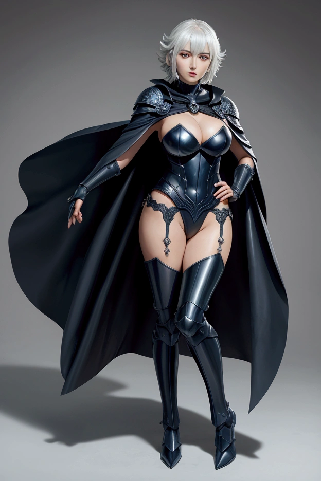 1 girl, young, 18 year old, Asian girl, full body from head to toe, realistic, realistic face, realistic eyes, worried, looks over her shoulder, side lighting, wallpaper, looks at viewer, futuristic steampunk buildings in background, long cape and sleeveless hood, cut out front of one piece swimsuit, ground earth, outdoors, hold steampunk sword in left hand, fly in the sky with steampunk jet pack, dragon logo, , (Thick thighs:1.3)