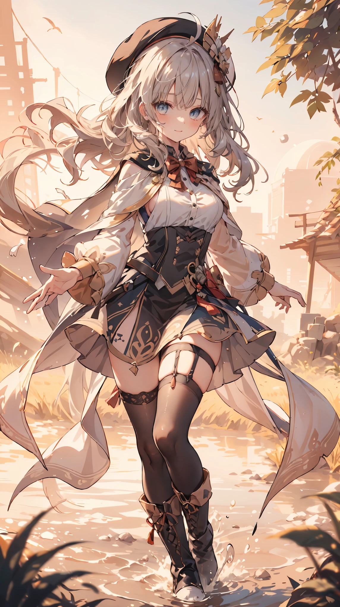 masterpiece, 1girl, sparrow, a silver haired girl, wearing a magic school clothes, curly long hair, messy hair, slim body, he close her left eye, shirt ornament, ruby eyes, ahoge, , bige breast, beautiful breasts, rounded breasts, long sleeves, beautiful eyes, white stocking, droopy eyes, skirt, black skirt, plaid skirt, her age is 19 years old, ricefield, bowtie, flared skirt, tight shirt, skirt, nilou (genshin impact), lovely face, medium hair, seductive smile, curly hair, white beret, boots, brown capelet, rainbow_one, white stocking