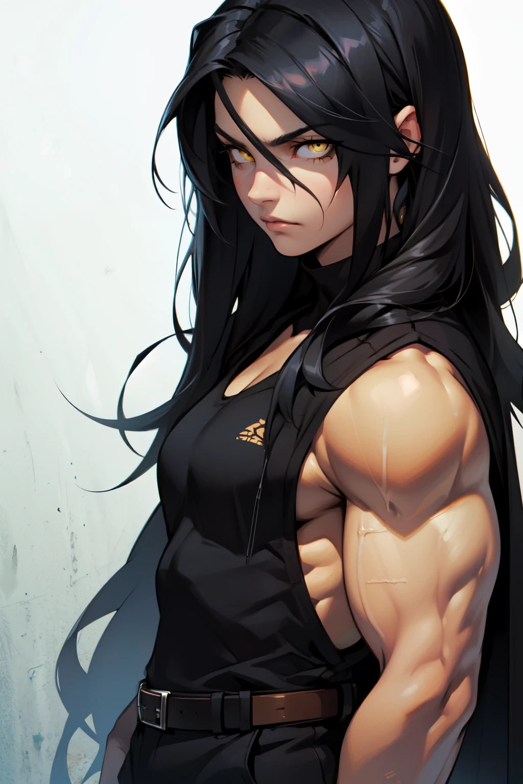 (((((((1 girl))))))), black hair, yellow eyes, very long hair, ((((((muscular)))))), tall, pale skin, (seductive expression)