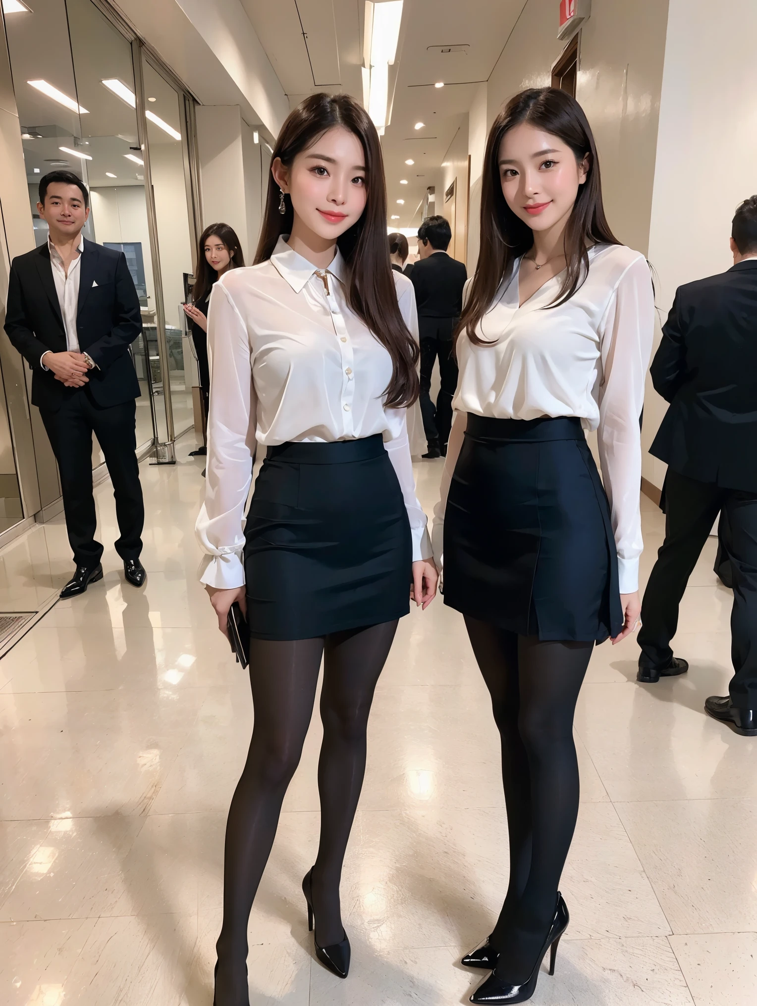 (Best Quality、8k、masterpiece:1.3)、 beautiful woman with perfect figure :1.4、(( dark brown super long hair ))、24 years old、((Office lady at a top company))、Height: 170cm、dynamic body 、Mix of Russian and Japanese、 beautiful face、Athletic build and muscular、Wearing a pendant、(( tight dark blue business suit))、(( white blouse))、(( tight skirt))、(( Super Realistic Pantyhose :1.2)),  highly detailed face and skin that can be touched by multiple hands、fine grain、double eyelid, ((Front))、((smile))、((From afar))、(( Full Body Shot :1.4))、 see here 、((  black high heels  ))、The background is the Marunouchi business district..、