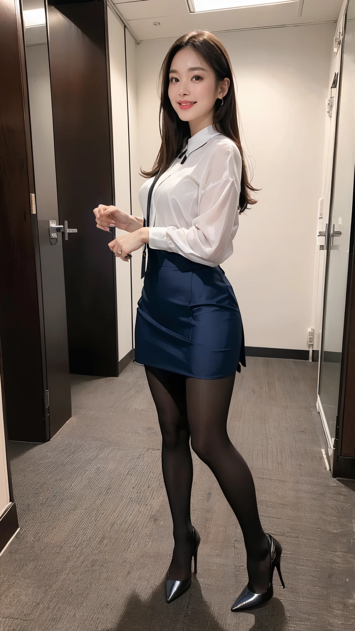 (Best Quality、8k、masterpiece:1.3)、 beautiful woman with perfect figure :1.4、(( dark brown super long hair ))、24 years old、((Office lady at a top company))、Height: 170cm、dynamic body 、Mix of Russian and Japanese、 beautiful face、Athletic build and muscular、Wearing a pendant、(( tight dark blue business suit))、(( white blouse))、(( tight skirt))、(( Super Realistic Pantyhose :1.2)), highly detailed face and skin that can be touched by multiple hands、fine grain、double eyelid, ((Front))、((smile))、((From afar))、(( Full Body Shot :1.4))、 see here 、(( black high heels ))、The background is the Marunouchi business district..、