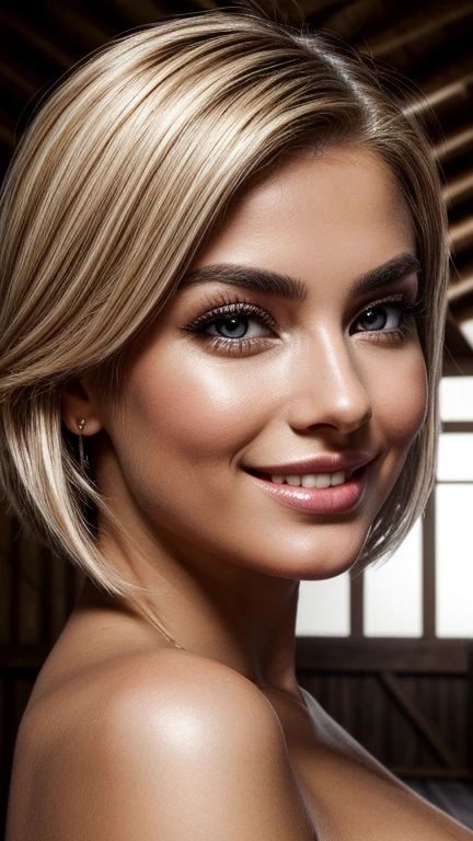 realistic, masterpiece, highest quality, A photo of a woman smiling happily, beautiful and detailed eyes, long slit eyes, black eyes, thin eyebrows, Make your eyelashes delicate, long eyelashes, false eyelashes, (hidden creased eyelids:1.3), (blonde hair, short hair, middle part:1.3), (huge tits, cleavage:1.3), dark blue micro bikini