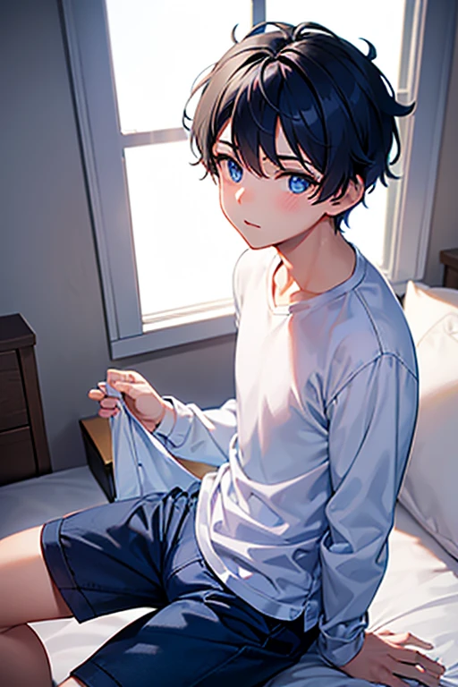 a boy sitting in a bedroom, wearing a white long sleeve shirt and light blue underwear, viewed from the side,