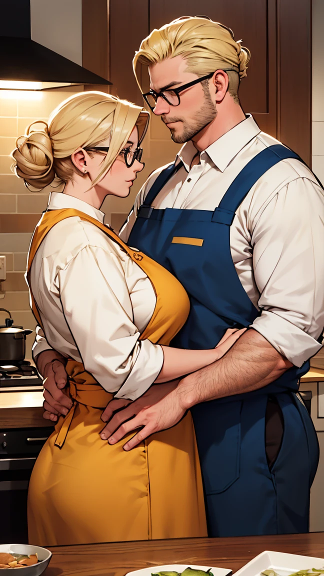  men and women are in Western-style kitchens . The woman is a 50-year-old mature woman with huge and thick boobs . women are ash-blond and have combed-back hair updo . the woman wears an apron and thin-framed glasses．Men are slender in shirts ．  The couple is wearing short clothes . .