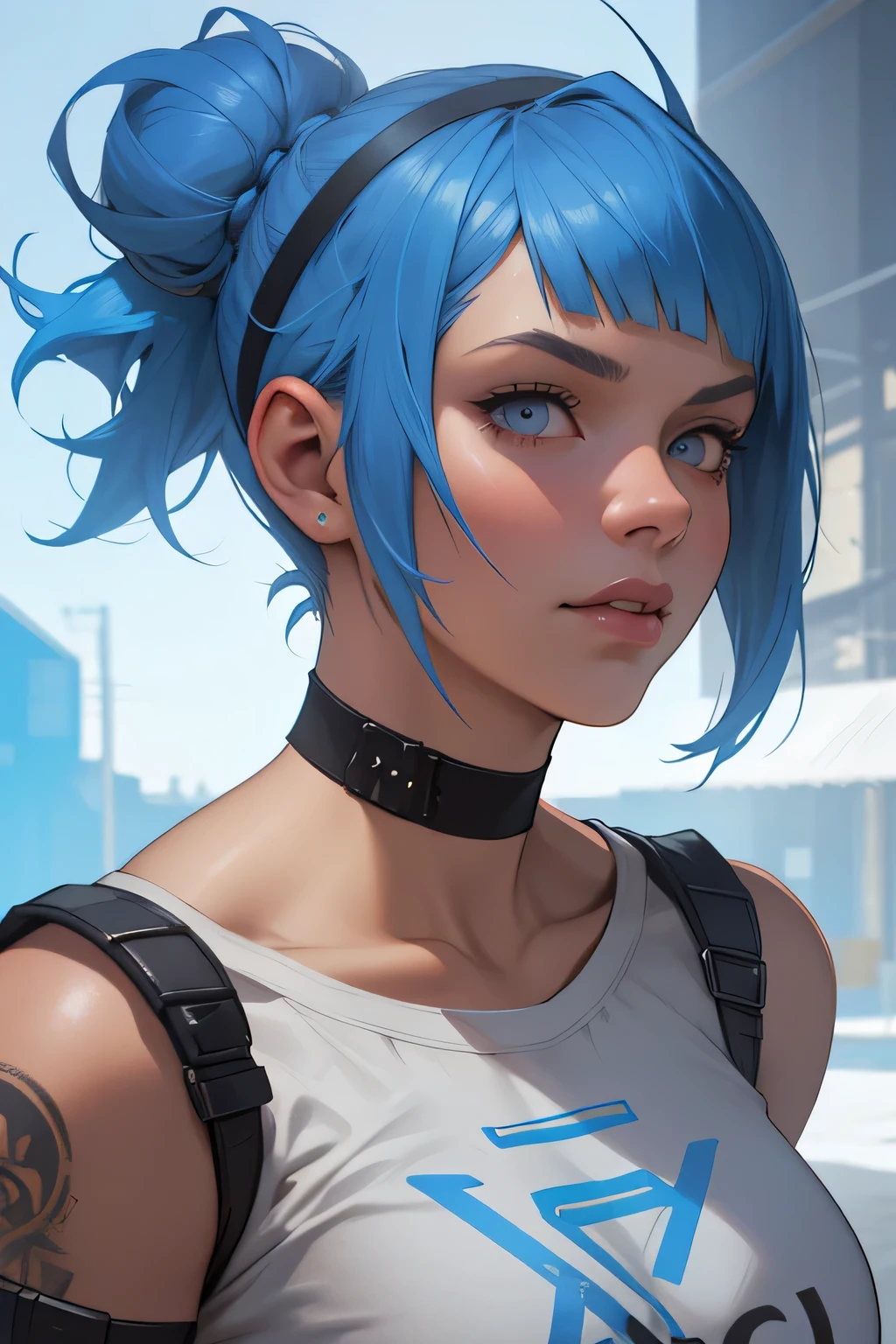 fantasy,concept art there is a woman with blue hair, short blue hair, with blue hair, blue short hair, short blue hair!!!, messy blue hair, halfbody headshot, blue hairs, blue hair, short blue haired woman, chloe price, sky blue highlights in hair, cyberpunk dyed haircut, flowing blue hair, brown hair with light blue ends, blue and black, LAUFEN, SHORT HAIR, DOUBLE BUN, BLUNT BANGS,