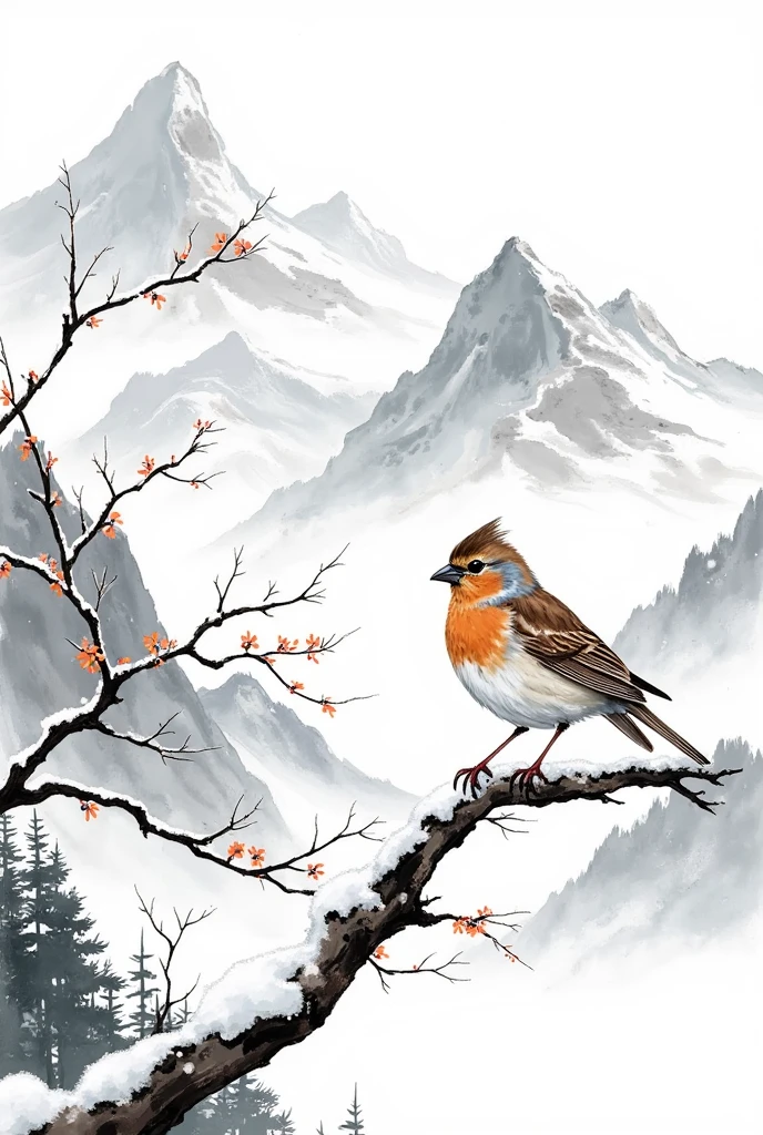   a detailed ink painting of a small sparrow perched on a winter branch, a cold and snowy mountainous landscape  , Snow falling, 8K,  highly detailed , refined design , minimalist, monochrome, delicate brushstrokes, sereno, tranquil, natural, realistic, photorealistic