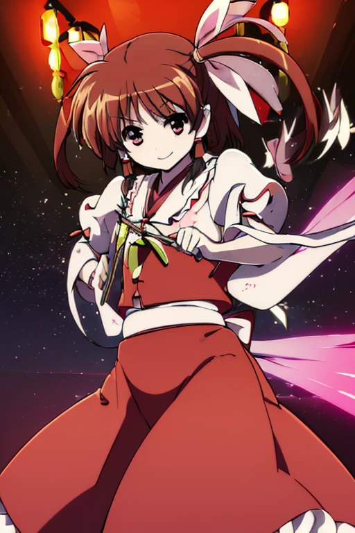 (((Touhou Hakurei Reimu, Costume, Japanese-style Room, Smile, Puella Magical Girl Lyrical Nanoha)))