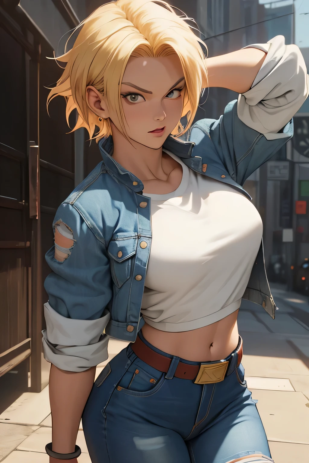 Hyper detailed image, UHD, 16k, professional photo, (Realistic photo of Android-18 From Dragon Ball Z) girl Goddess of beauty, very straight short blonde hair, serious face expression, ((she wears a blue denim jacket and a cropped white shirt, short white underground showing flesh of the breast)), erotic, open denim jacket showing her big, beautiful and perfect breasts, (breasts, long pointed breasts sticking out of the jacket), she wears a belt and a (raised blue denim skirt showing micro panties stuck in the pussy, bubian hair showing), brown boots, perfect hands and fingers, android 18, sexy saiyan girl, Official Art, Android-18 Sexy female, official character art, sexy female protagonist, lean and fit curved body :8, Akiri Toriyama, Director: Akira Toriyama, Bulma from Dragon Ball, Best Character Design Anime, Akira Toriyama style, beautiful single character, half nake