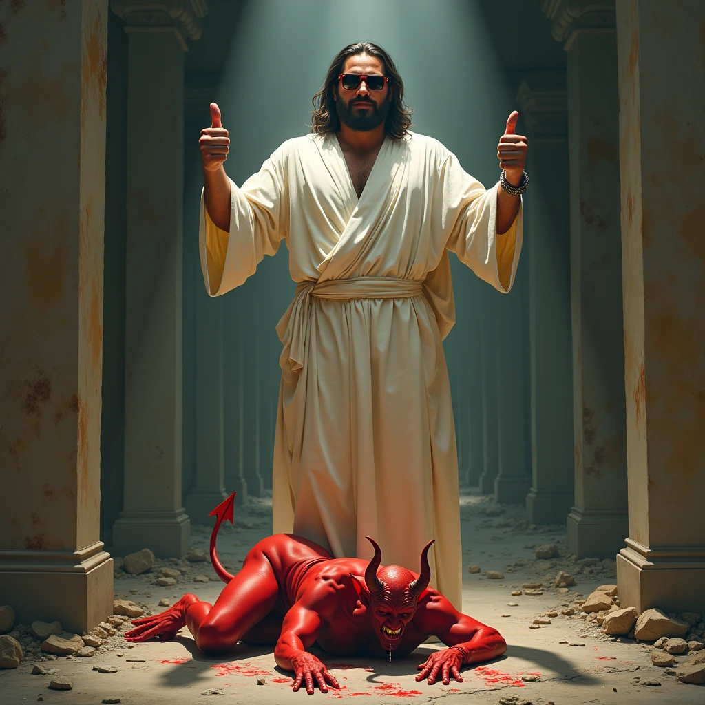 Jesus Christ riding a hookah while the demons arrive home happy