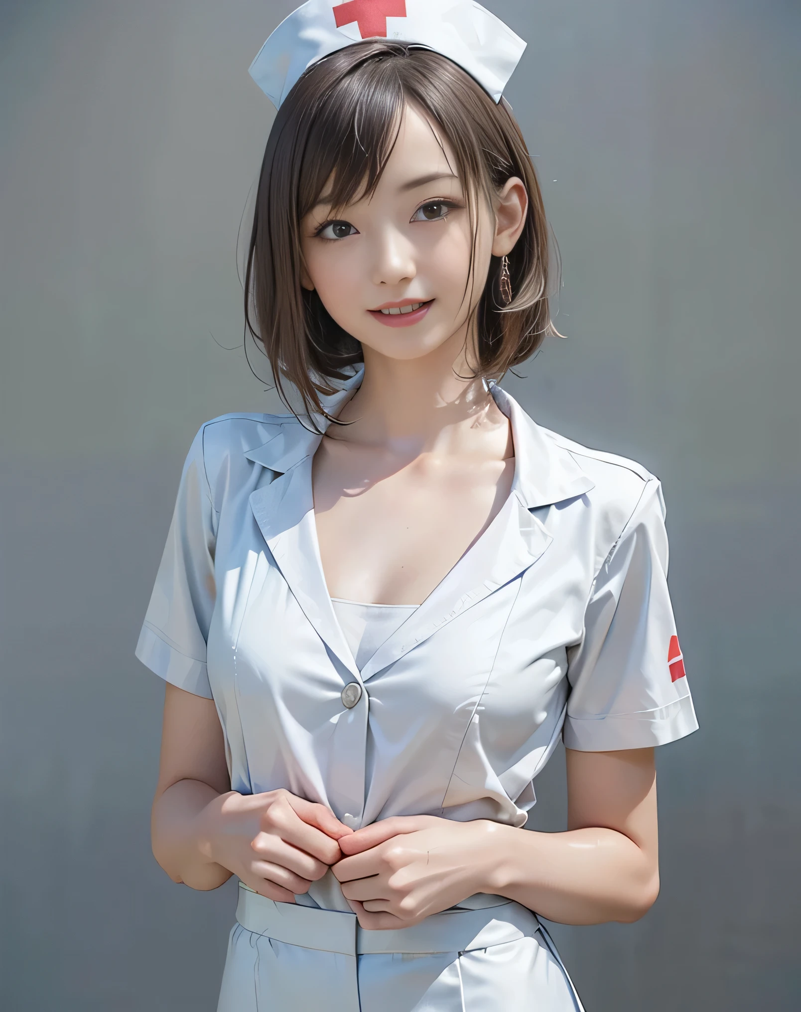 (Realistic:2.0),(High resolution:1.5),(1 girl:1.5),(solo:1.5),(Teenager:1.3),(young:1.3),(looking at the viewer),Small face,(Flat chest:1.5),short bob hair,bangs:1.2,(large eyes),(Realistic eyes),(smile:1.2),(Simple White nurse uniform),nurse skirt,