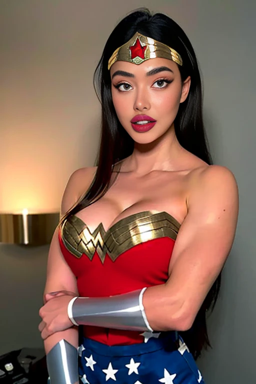 1girl, beautiful girl, wonder woman costume, messy long hair, (((shackles on the bed)), ((shackles and arms down, chain leads, metal collar, wrists tied)), bondage, slavery, restraint, 2man on background, best quality, masterpiece, ultra high res, (photorealistic:1.4), RAW photo, quirting milk from nipple), (wet body)