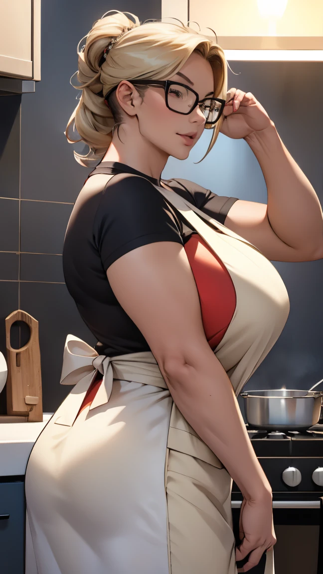  men and women are in Western-style kitchens . The woman is a 50-year-old mature woman with huge and thick boobs . women are ash-blond and have combed-back hair updo . The woman wears an apron, thin framed glasses, and a wedding ring．Women dye their cheeks red ． The man wears a shirt and is slender, naked eyed without a beard ．WeightChubby．Busty