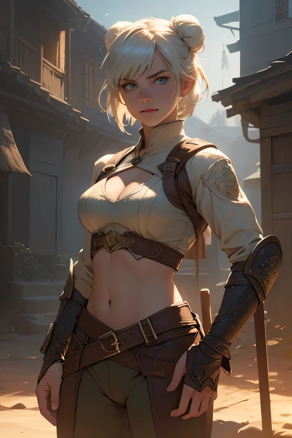 masterpiece, highres, photorealistic, real, Real photo, best quality, 8k, best quality, realistic, ultra-detailed, perfect lighting, cinematic lighting, warm light, female, solo, looking at viewer, , ultra detailed skin, ciri_, medieval, outdoors, cleavage, longsword, green eyes, long hair masterpiece, highres, photorealistic, real, Real photo, best quality, 8k, best quality, realistic, ultra-detailed, perfect lighting, cinematic lighting, warm light, female, solo, action pose, stand pose, epic pose, LAUFEN, SHORT HAIR, DOUBLE BUN, BLUNT BANGS