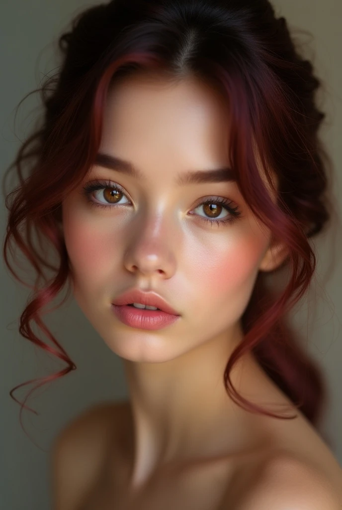 jeune femme châtain au yeux en amende couleur hazel petit nez avec quelques taches de rousseur et jolie bouche rosée pulpeuse. maquillage léger et illuminé. portrait ultra réaliste qualité 8k et jolie cheveux ondulés longs épaule dénudés visage dégagé